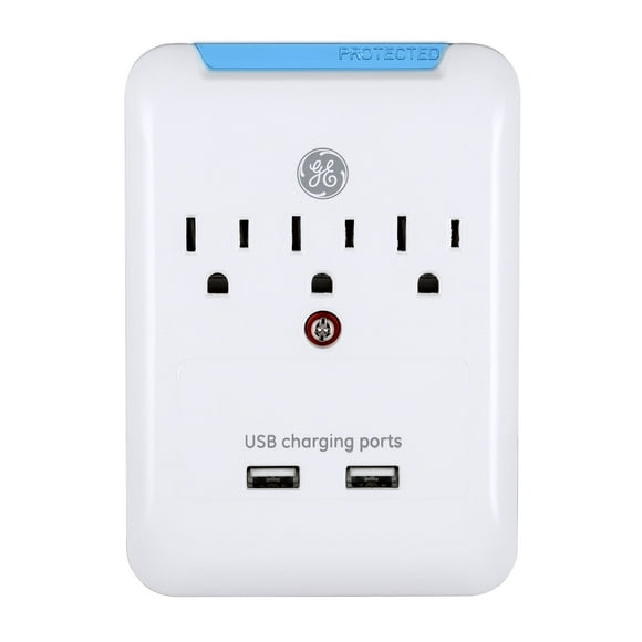 Protector contra sobretensiones GE Pro, extensor de 3 salidas y 2 puertos USB, color blanco