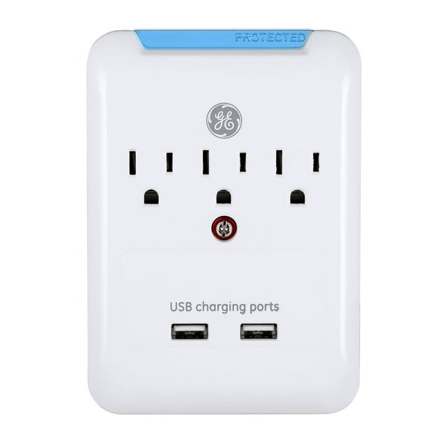 Protector contra sobretensiones GE Pro, extensor de 3 salidas y 2 puertos USB, color blanco