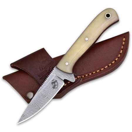 Knives Ranch Model 3056 Damascus Steel EDC Knife with Bone Handle - Fixed Blade Hunting Knife Sharp Outdoor Camping & Everyday Carry Tool