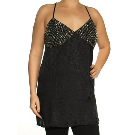 Beaded Strip - FREE PEOPLE Womens Black Beaded Spaghetti Strap V Neck Mini Shift Intimates Dress Size: M