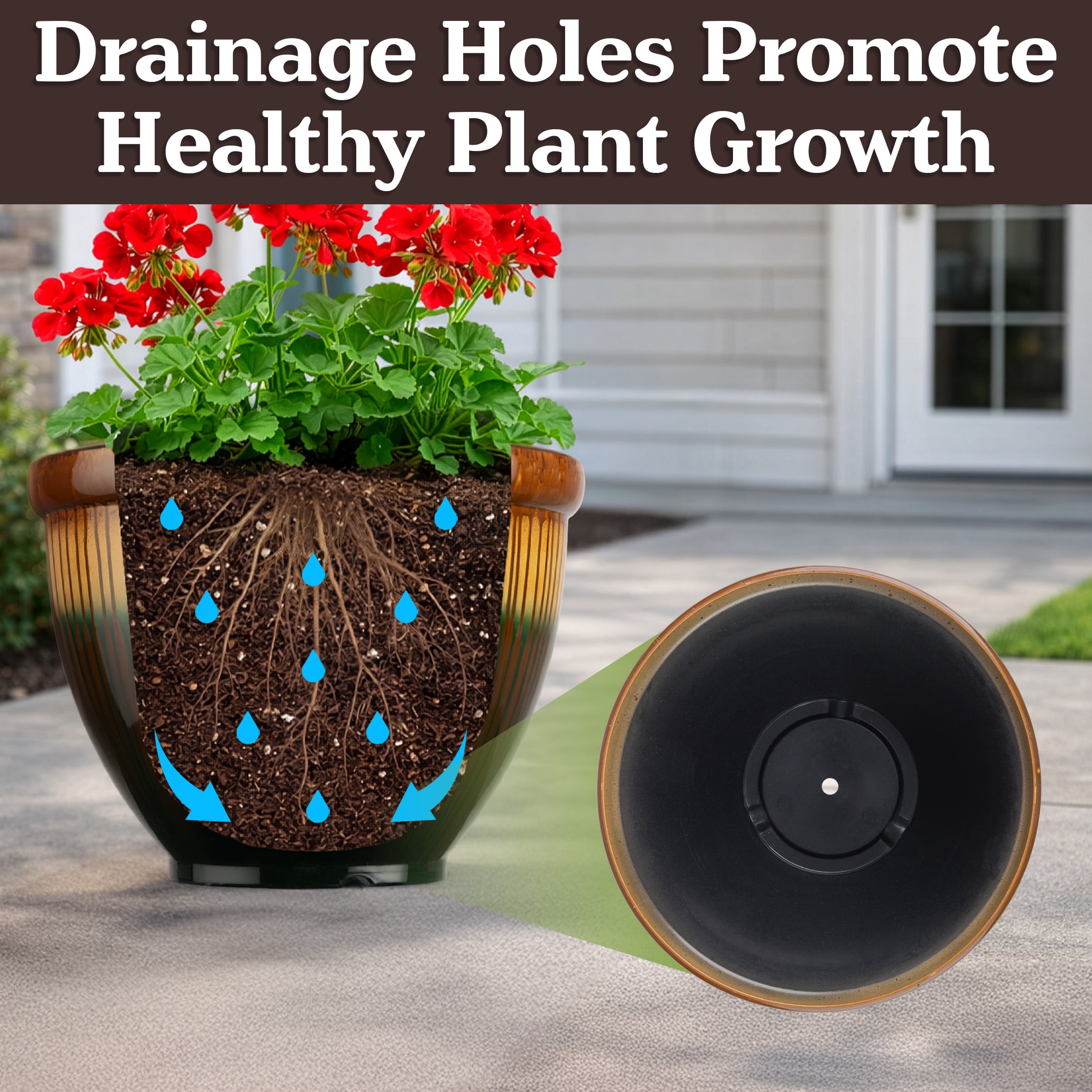 Pure Garden 13.7” Large Plastic Plant Pot with Glazed Ceramic Look for Indoors or Outdoors, Bronze