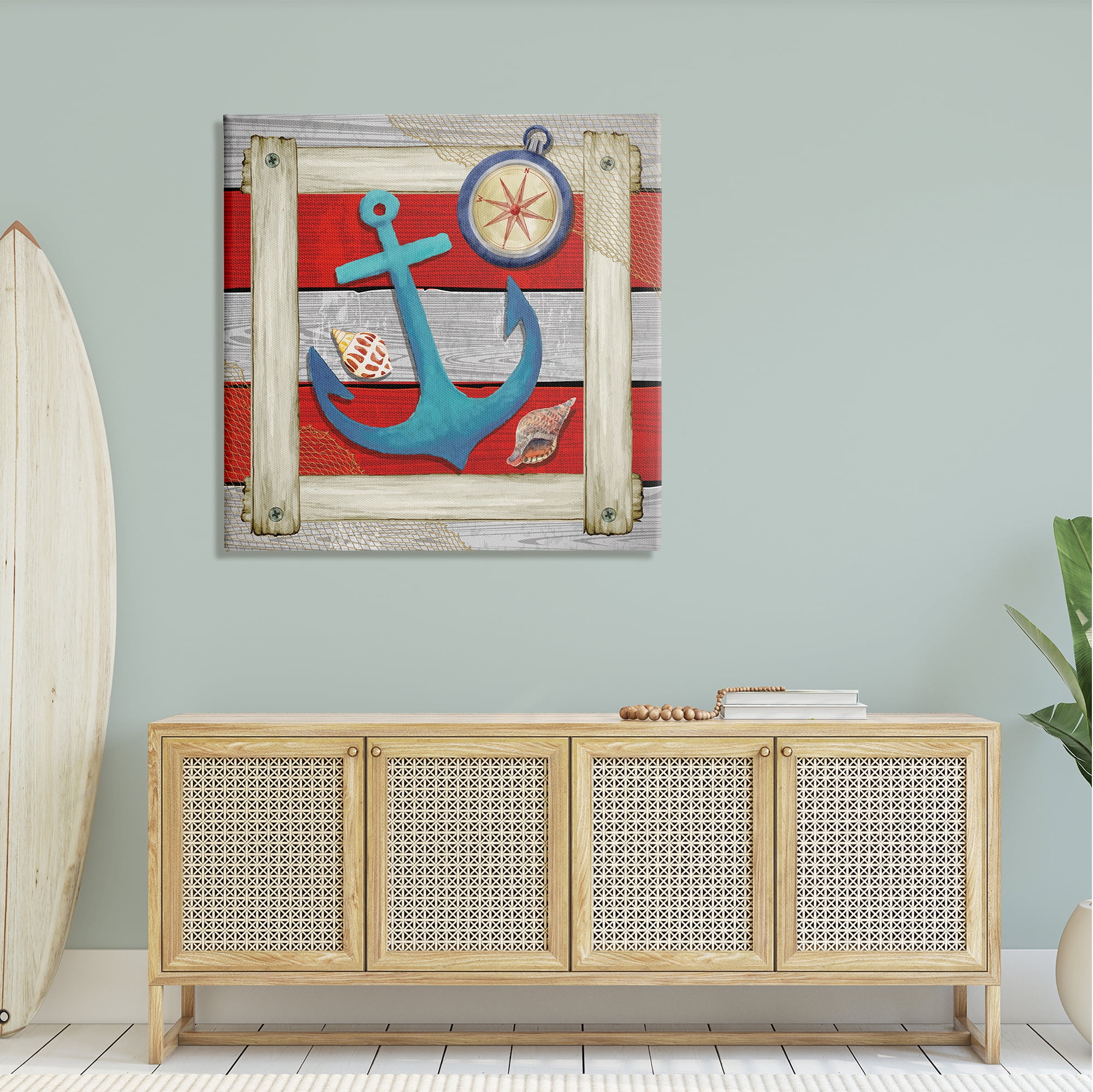 Stupell Maritime Anchor Compass Stripes Landscape Painting Gallery Wrapped Canvas Print Wall Art