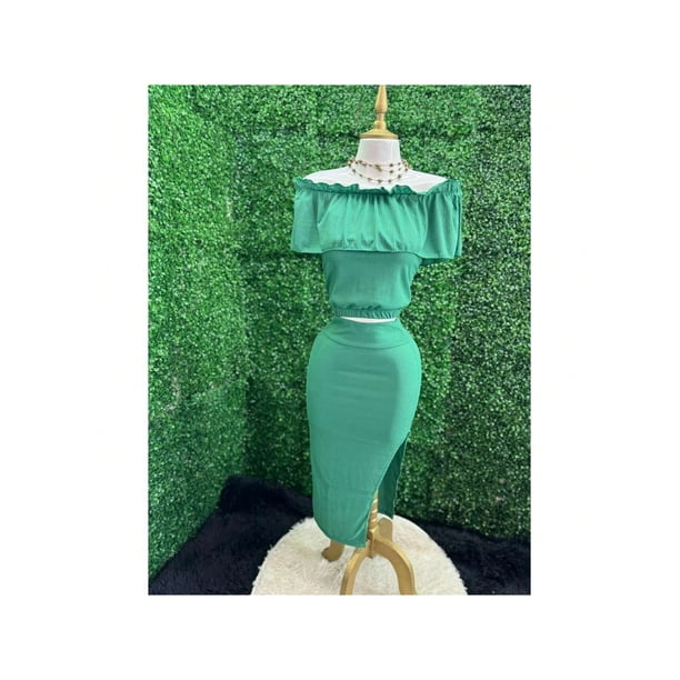 Conjunto Blusa Con Olan Y Falda Ajustable Casual De Mujer Color Verde Talla Unitalla Marca Emil SaEs