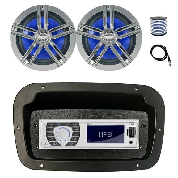 Pyle PLRMR23BTW Single DIN Bluetooth Marine MP3 Stereo Receiver, Spa bezel, Adapter Plate, 22" Radio Antenna, Wire, 2x 6.5" 180 Watt Max Power 2-Way Water Resistant Audio Speakers (Charcoal)