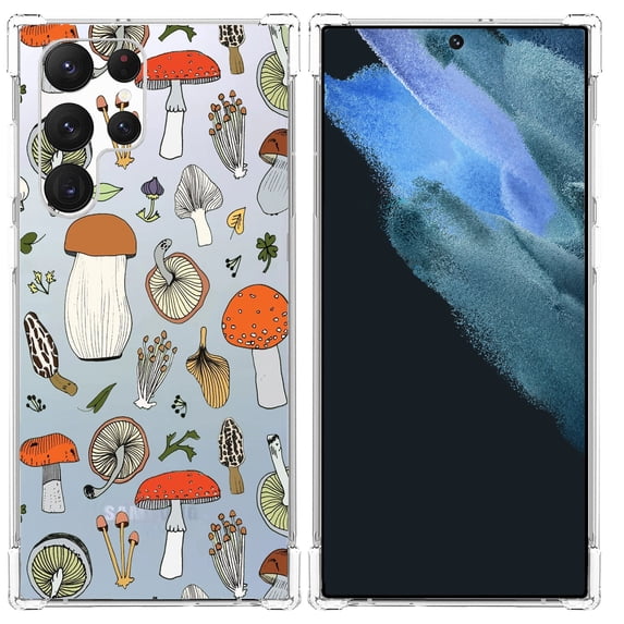 Wild Mushroom Collage Clear Case for Samsung Galaxy S22 Ultra,Aesthetic Art Design Case for Men Women,Unique Trendy Transparent TPU Bumper Case Cover