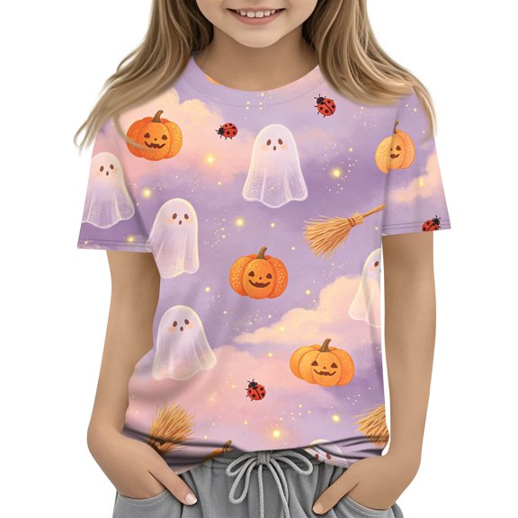 Kids Halloween T-Shirts Ghost Pumpkin Graphic Shirts Kid Short Sleeve Tees Halloween Fall Tops