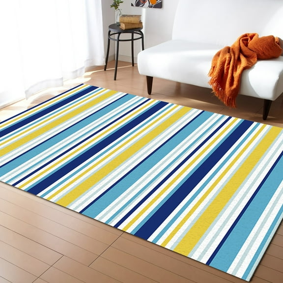 Striped Area Rug 5'x7' Teal Blue Yellow Stripes Texture Washable Area Rugs Non Shedding Floor Carpet Rubber Backing Non-Slip Indoor Mats for Living Room Bedroom Kitchen