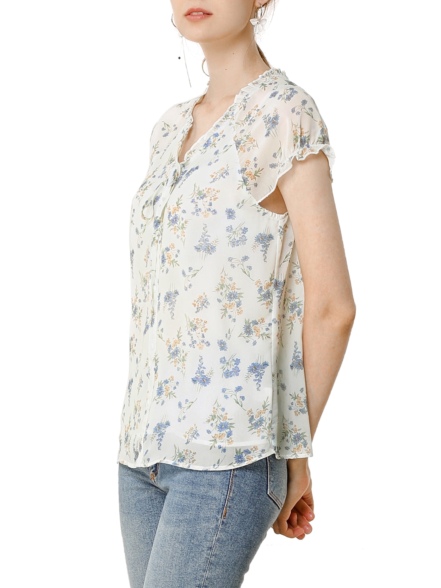 DARING DIVA Women's Ruffle V Neck Cap Sleeve Chiffon Floral Blouse Top XS White Purple