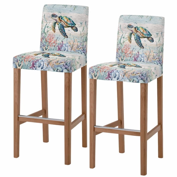 Sea Turtle Coastal Bar Stool Cover Set of 2, Summer Coral Ocean Gray Blue Wooden Stretch Bar Chair Cover, Removable Washable Pub Counter Stool Chair Slipcover for Kitchen Dining Room Pub Cafe