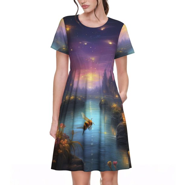 Balery Magical Bees Twilight River Vestidos sueltos de manga corta para mujer, vestidos de verano 2025, vestidos casuales de corte A con vuelo.