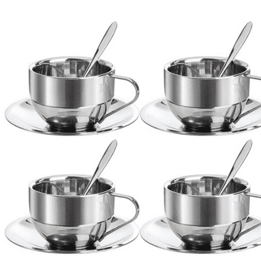4 Pack Stainless Steel Coffee Cup Set, 6 Oz Coffee Mugs with Spoon and Saucer, Double Walled Espresso Cups Mugs for Coffee, Latte,Tea, Milk