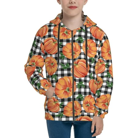 

Hoodies for Women Autumn Pumpkins Gingham Long Sleeve Sweatshirt Drawstring Zip Up Hoodie with Pockets Teen Girl Clothes