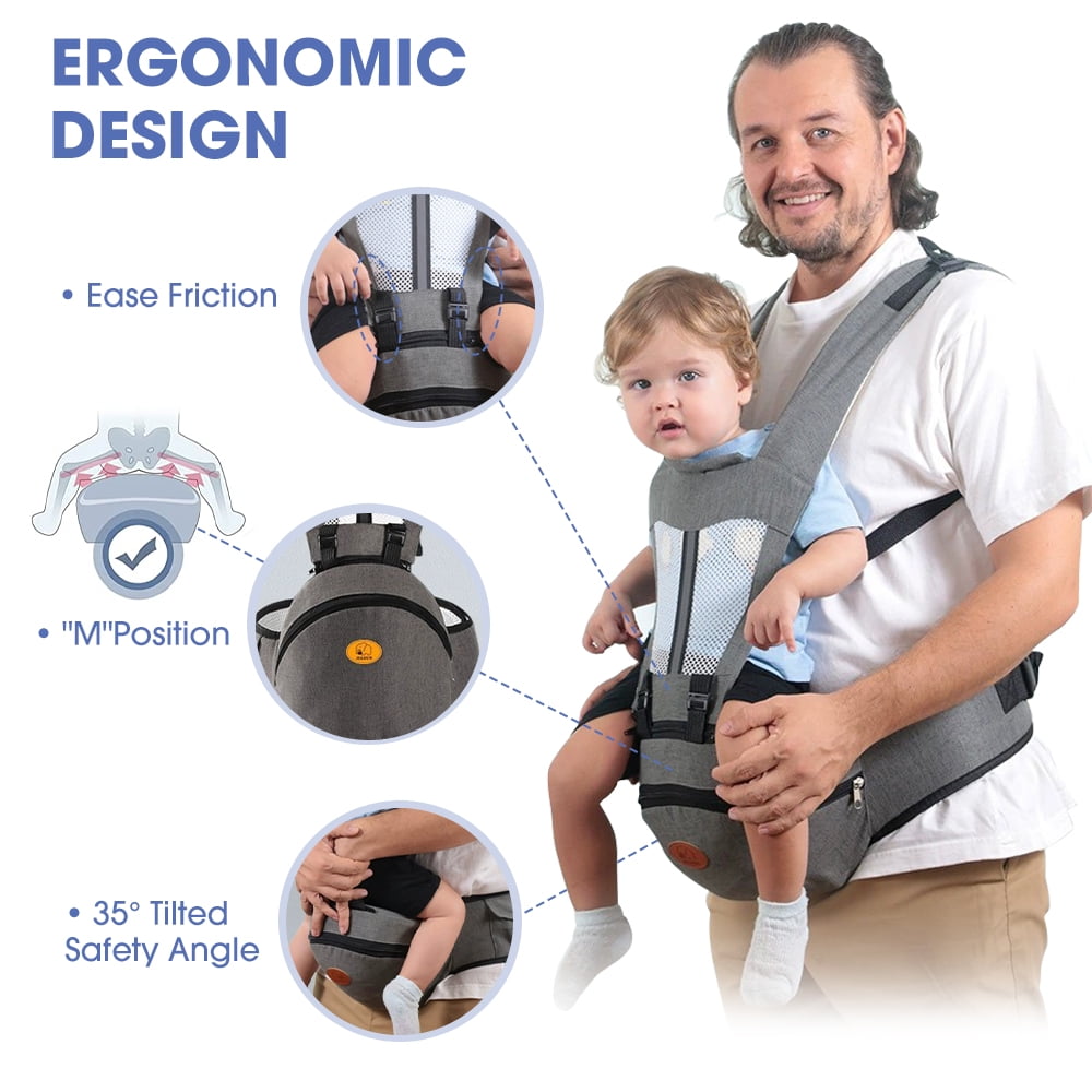 Baby Carrier, 6-in-1 Ergonomic Baby Carrier with Hip Seat Diaper Pocket Front and Back Baby Sling with Waist Stool Lumbar Support for Breastfeeding Newborn to Toddler, Up 50lbs (Gray)