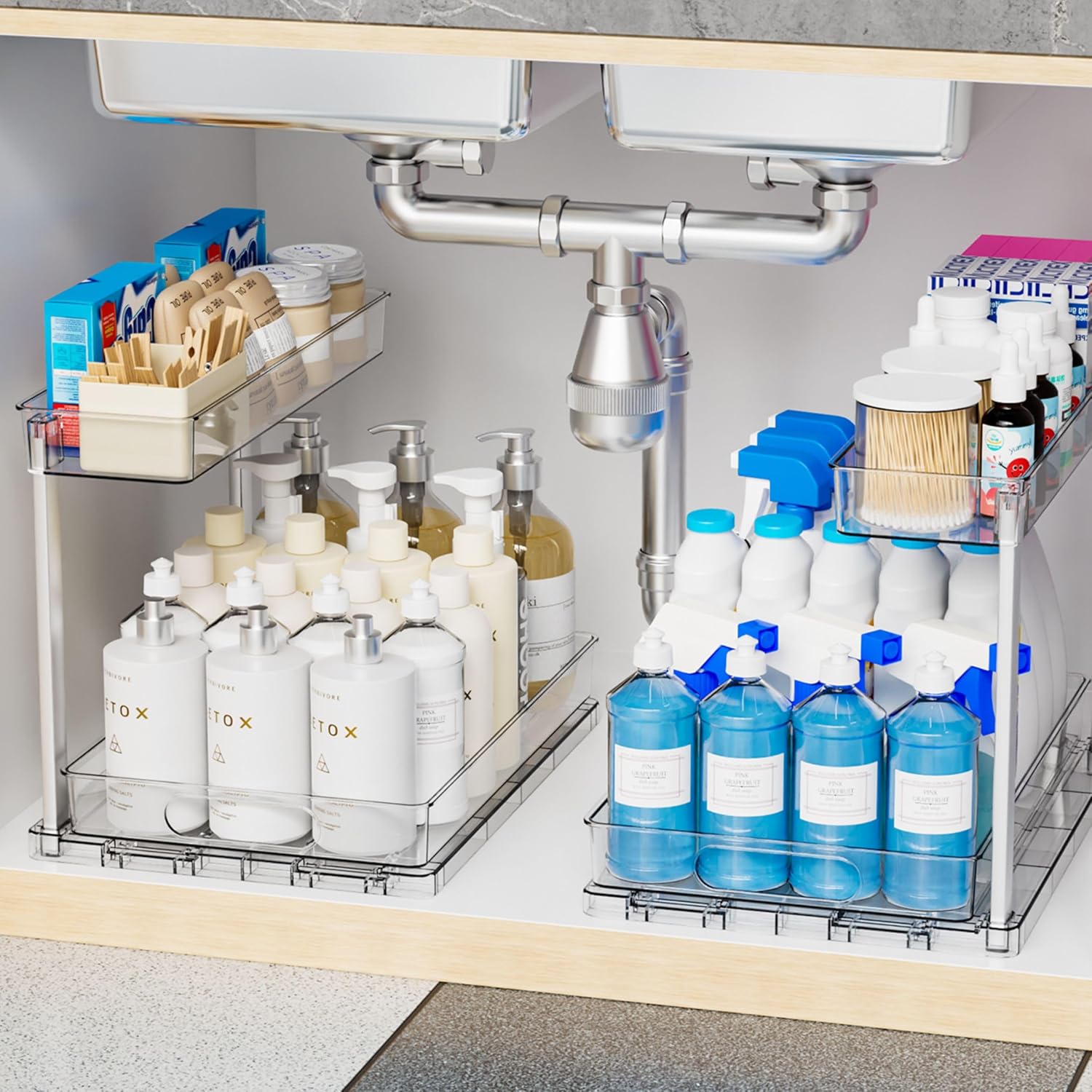 RGHJAR-2 Pack 14.5″ Deep Pull Out Under Sink Organizer,10.8″ High 2 Tier Slide Out Cabinet Organizer for Kitchen Cabinet,Undersink Organizers,Under Sink Shelves,Bathroom Organizers and Storage,Clear