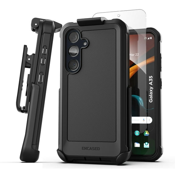 Encased Holster for Samsung Galaxy A35 5G Phone Case with Belt Clip and Glass Screen Protector (Falcon Series) Heavy-Duty Dual Layer Protection (Black)