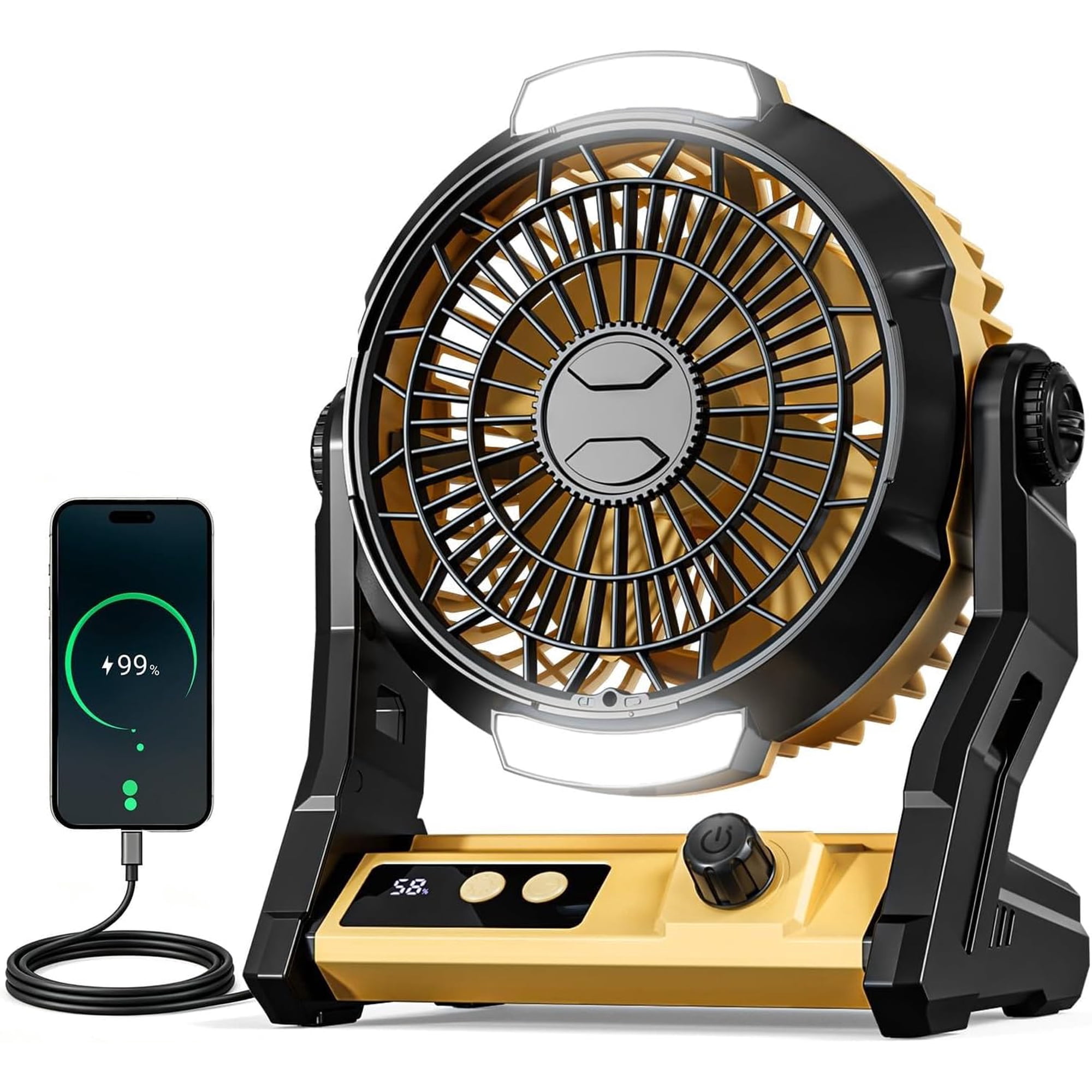 Portable Rechargeable Table Fan,Camping Fan for Tent,10000mAh(25Hrs) Battery Operated Power Fan for Outdoor Indoor,Auto Oscillation Cordless Personal Desk Fans with 2 Mode Light,100 Speeds,4 Timing