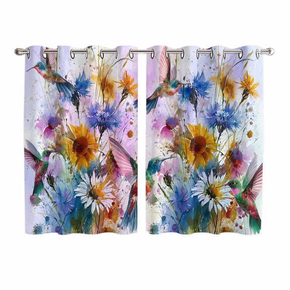 Pink Purple Hummingbird Kitchen Curtains Window Panels, Spring Oil Painting Sunflowers Insulated Window Treatment Curtain, Grommet Curtains for Bedroom/Living Room/Bathroom, 2 Piece 52"Wx63"L