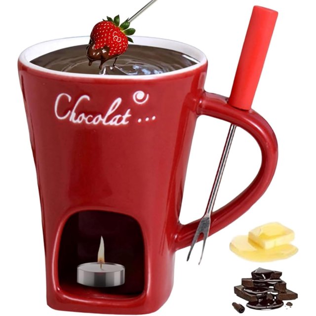 Chocolate Fondue Mug, Fondue Coffee Cup, Chocolate Melting Cup, Mini Chocolate Fondue Set Without Tealights, Fondue Cups With Forks For Date Night Birthday Wedding (Red)