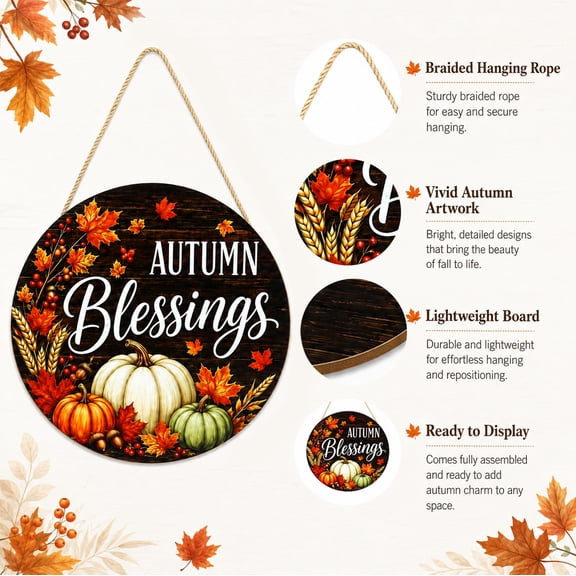 RUDLDA Autumn Blessings Fall Door Hanger, Round Wooden Welcome Sign with Pumpkin Maple Leaf, Harvest Thanksgiving Wall Hanging Decor for Front Door Porch Home Farmhouse