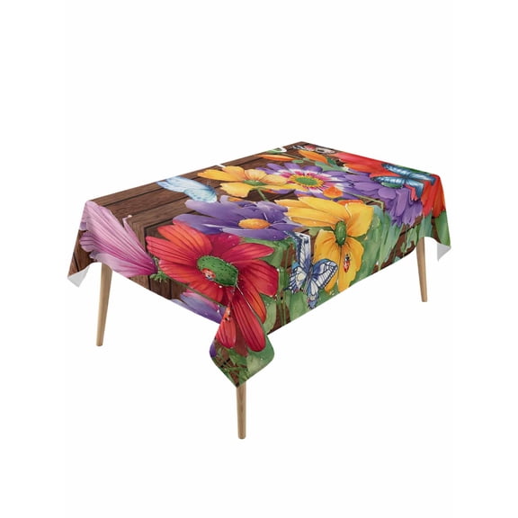 Spring Flowers Table Cloth, Waterproof Tablecloth for Rectangle Tables, Watercolor Farmhouse Colorful Wooden Grain Reusable Washable Fabric Table Cover for Restaurant Kitchen Dining Tables 60"x120"