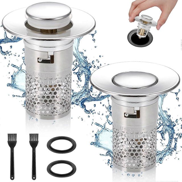 2 Pcs Kitchen Sink Plug Replacement Drain Strainer, Pop up Sink Plug Stainless Brass Bounce Core Drain Plug with Basket Hair Catcher, 34-40mm