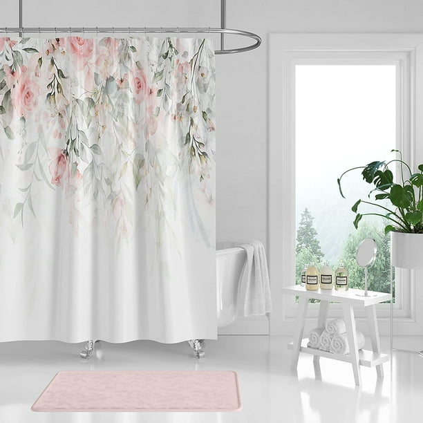 SPXUBZ Pink Floral Shower Curtain for Bathroom Fresh and Refined Watercolor Flowers and Green