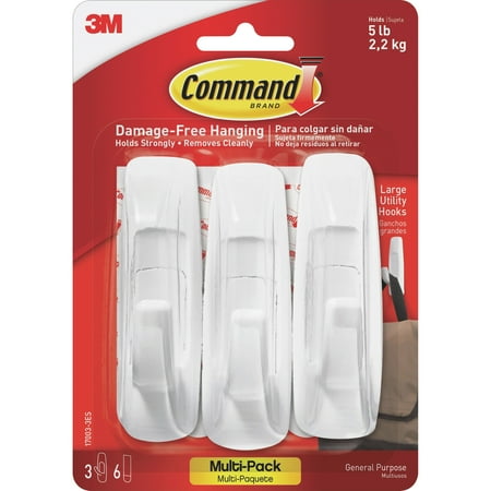 Command Utility Hook Value Pack, White, Large, 3 Hooks, 6 Strips/Pack