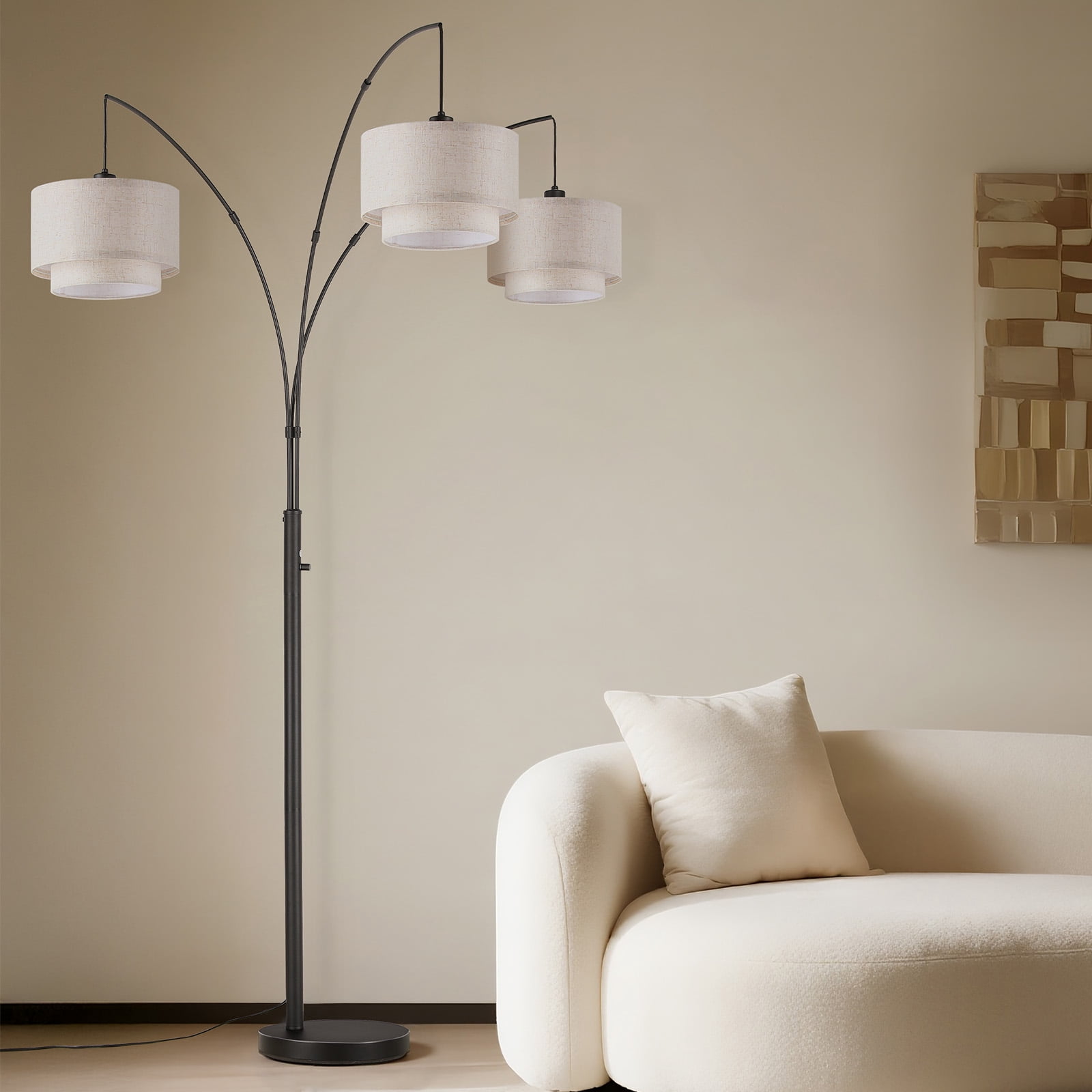 SUNMORY 3 Lights Tree Floor Lamp, 81.5" Tall Standing Lamp with Hanging Dual Drum Linen Shade, Modern Arc Floor Lamps with Heavy Base & 3 Bulbs, Mid Century Arched Floor Lamp for Living Room, Bedroom