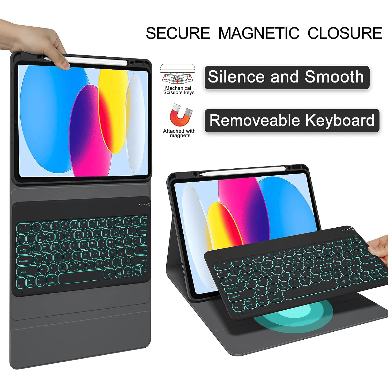 Vinci iPad (A16) 11th 10th Generation Case with Keyboard, 7-Color Backlit Wireless Detachable Folio Keyboard Cover with Pencil Holder for 11'' iPad A16 2025 10.9 Inch 10th 2022 (Black)