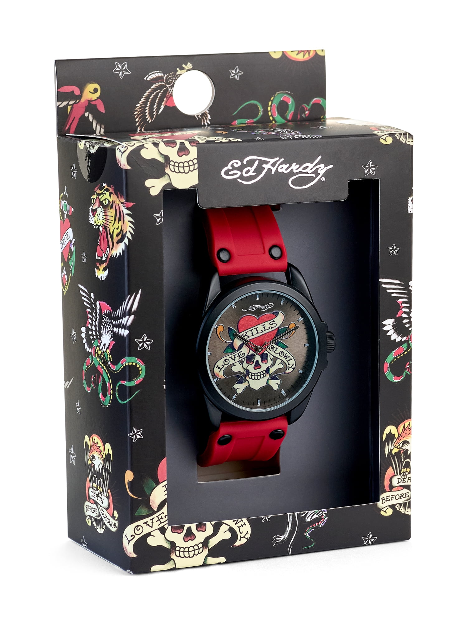 Ed Hardy Ladies Pink Silicone Strap Matte Black Analogue