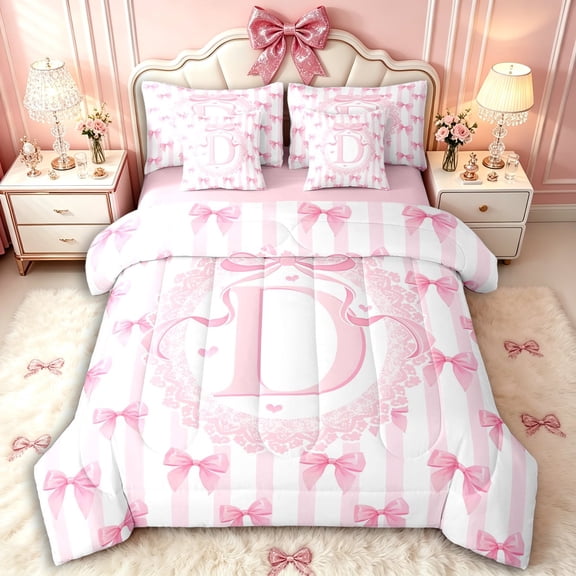 Manfei Girls Kawaii Bow Knot D Personalized Initial Twin Bedding Sets 7-Piece,Teens Women Cute Ribbon Bow Tie Stripes Bedding Comforter Set,Pink Reversible,Microfiber Bedroom Decor