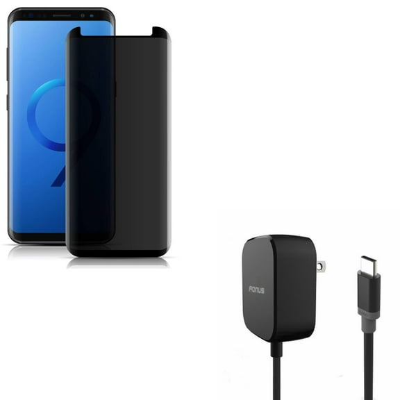 Compatible With Samsung Galaxy S9 - 3D Tempered Glass Anti-Peep Privacy Screen Protector w 15W Adaptive Fast Quick Home Charger 5ft Long Cable Turbo Charging