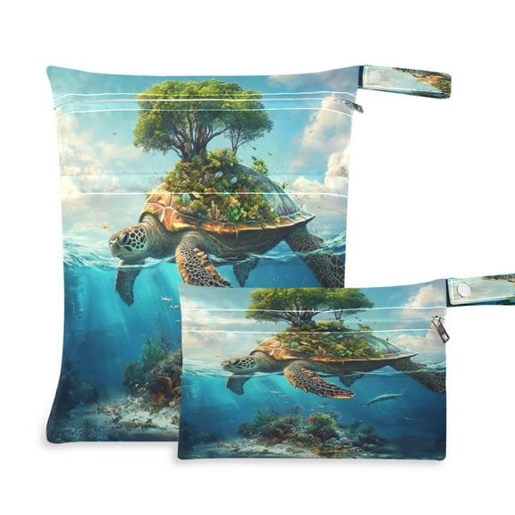 2 Pack Wet Dry Bags Waterproof Reusable Wet Bag with Handle for Travel,Diapers,Dirty Gym Clothes and Toiletries Sea Turtle Carrying Island
