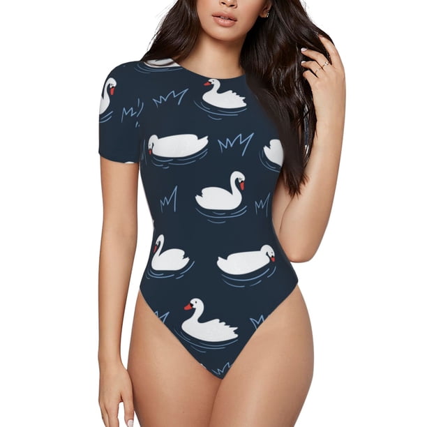 Balery Cartoon Swan Body de cuello redondo de manga corta para mujer Tops de manga corta Tops básicos-Medium