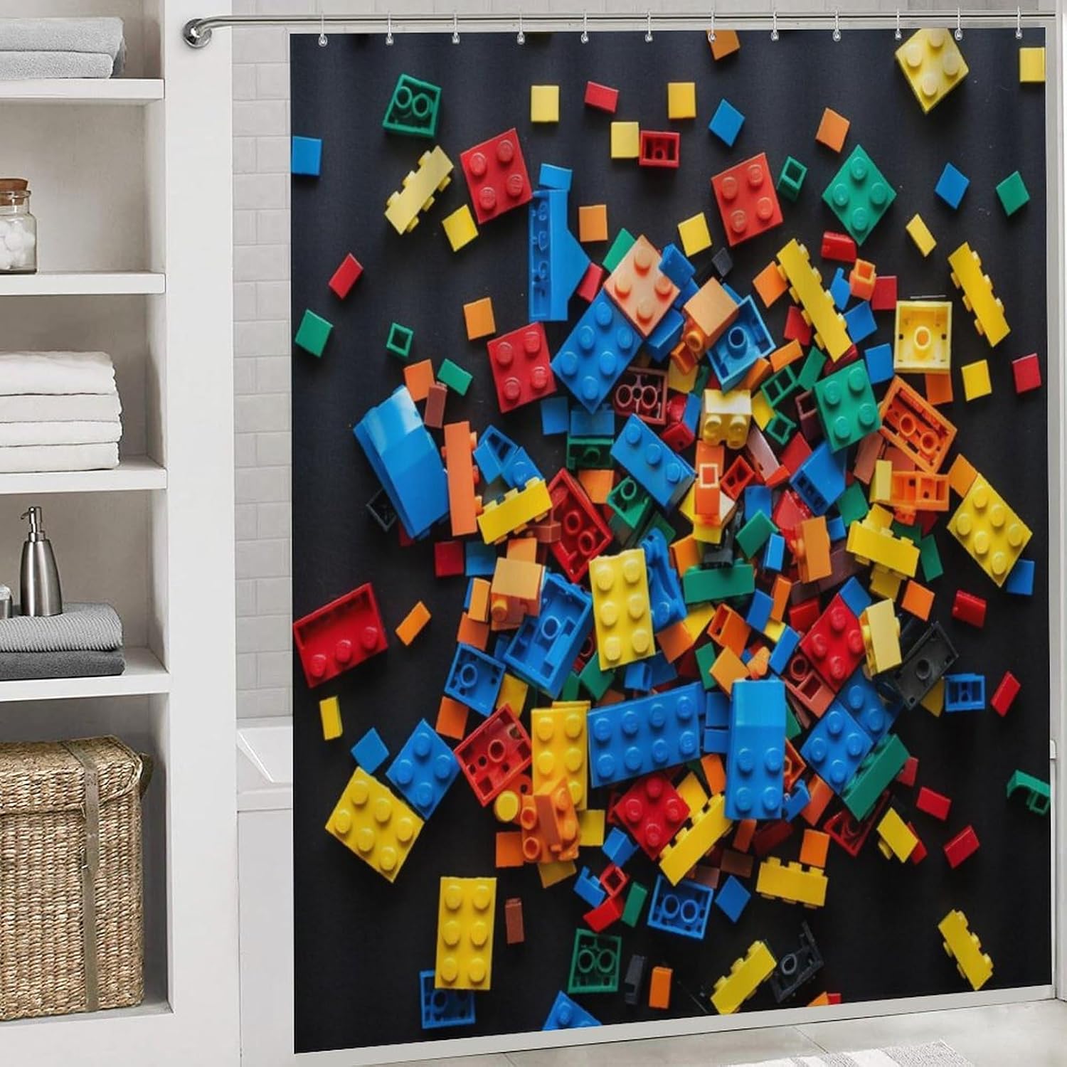 4Pcs Colorful Building Block Brick Shower Curtain Sets with Rugs, Toilet Lid Cover and Bath Mat, Geometric Bathroom Shower Curtains Set with 12 Hooks