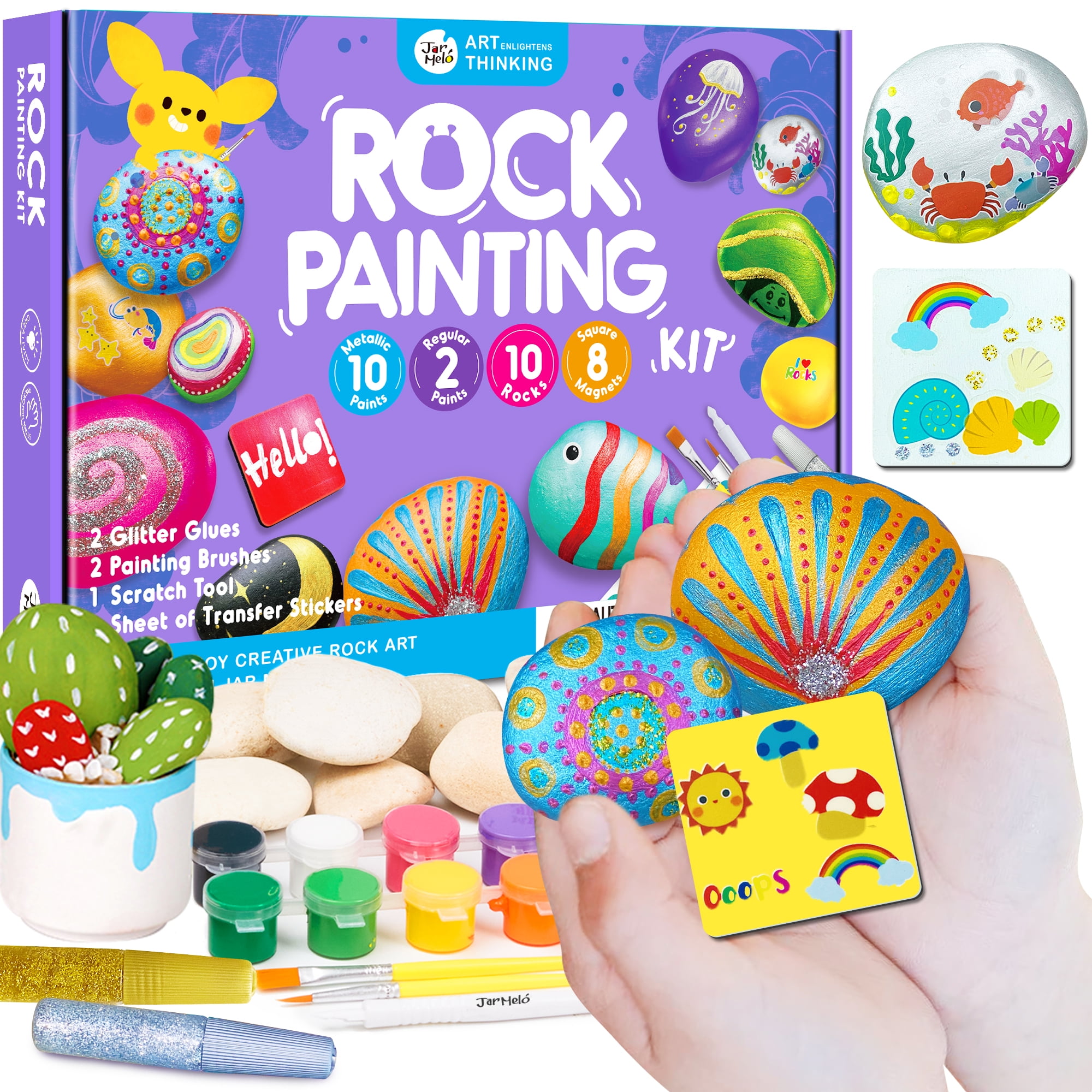 BRYTE 150+ Piece Deluxe Edition All-Inclusive Kids Rock Painting Kit, 10  Rocks, 8 Waterproof Paints, Glitter Glue & More
