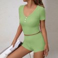 thumbnail image 5 of PNTUTB Women's Solid Color V Neck Slim Short Sleeve Cropped Top with Stretch Shorts Casual Activewear Set, 5 of 6