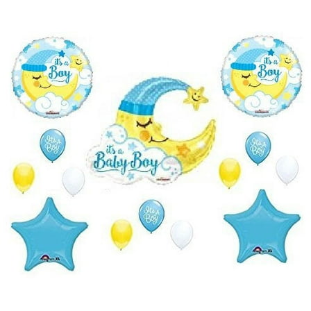 BABY BOY MOON shower Balloons Decoration Supplies Nursery Rhyme Diddle Stars Mylar and Latex 14 Piece Set