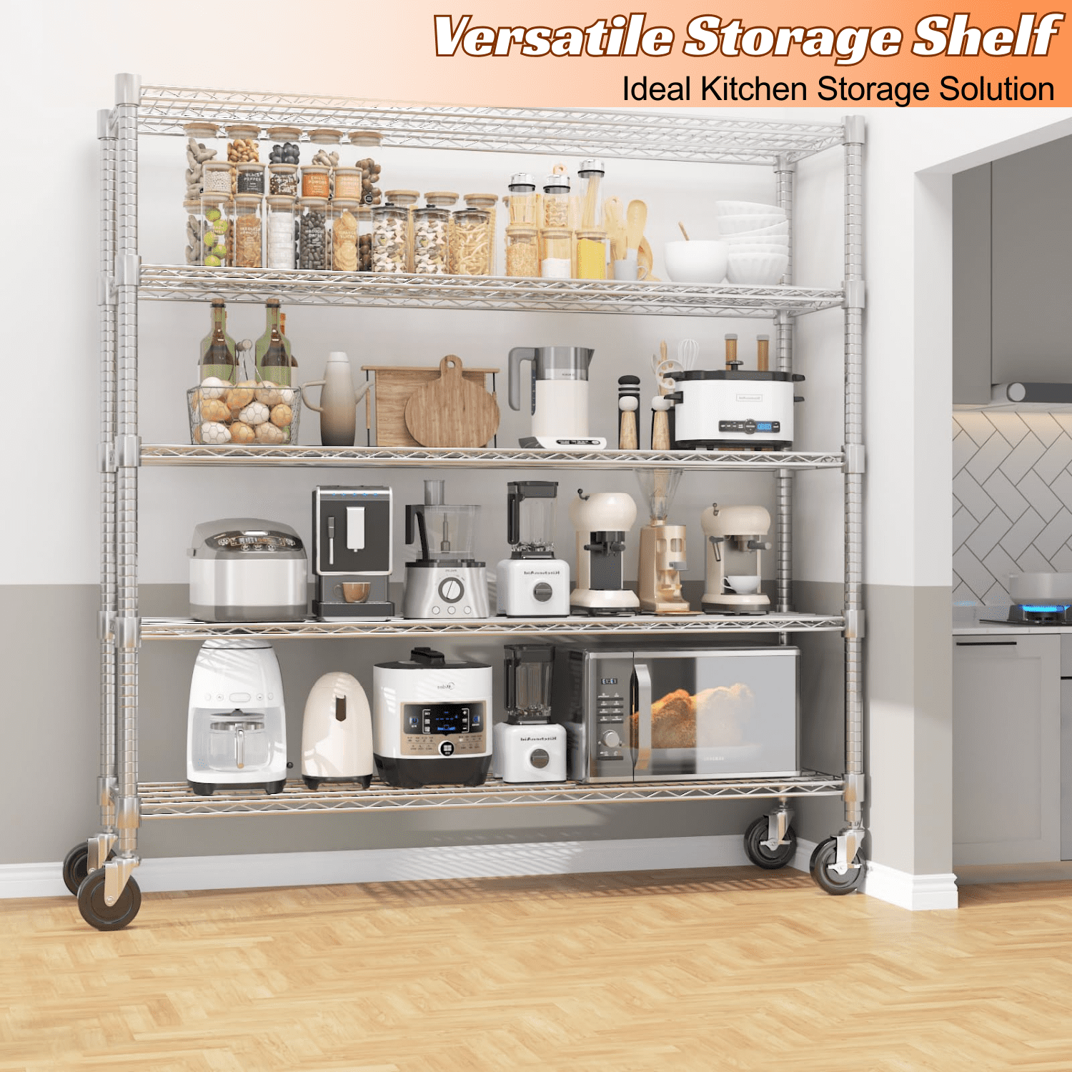 Legooin 5-Tier Garage Shelving Unit on Wheels 60"W x 18"D x 82"H Industrial Storage Rack Heavy Duty Wire Shelves, Silver