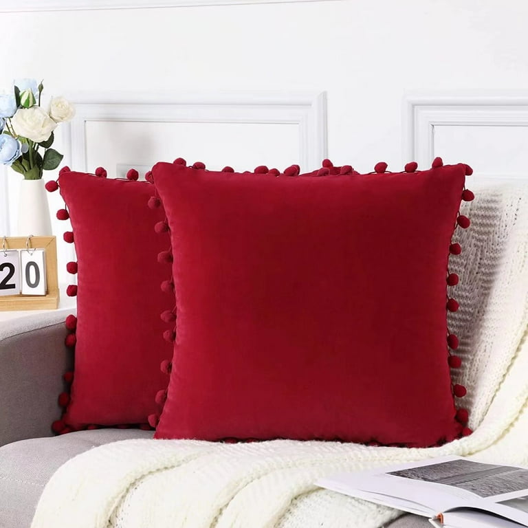 Haperlare 2 Pcs Velvet Pillow Covers with Pom Poms Home Decorative Square Throw Pillow Cases for Party Couch Sofa Bed Red 20 x20 Walmart
