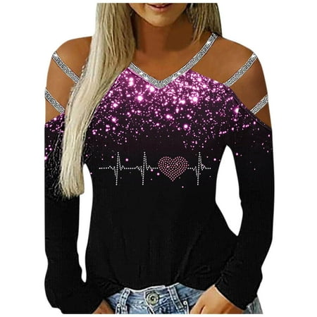 

GBSELL Female Cold Shoulder Sweatshirs for Sweatshirt for Womens Tunic Pajama Set for Women Cold Shoulder Tops Tshirts Hollow Out V Neck Cold Blouse Shirts Women ECG Hot Diamond Print T Shirt Top
