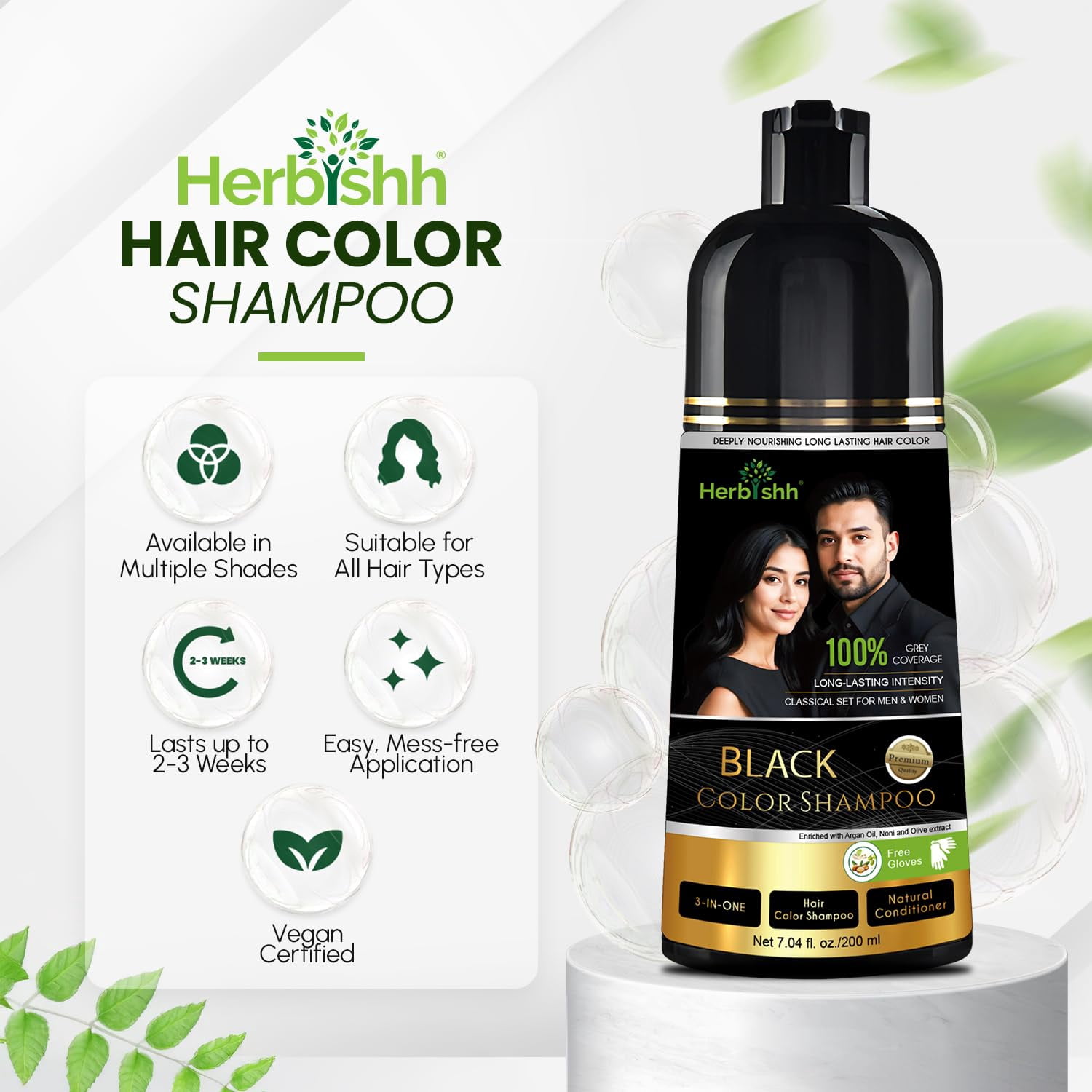 Herbishh Black Shampoo, Hair Dye Shampoo 3 in 1, 100% Grey Coverage, Demi-Permanent Hair Color for Men & Women, Long-lasting Color in 5-15 Mins, Ammonia-free, 200 ml