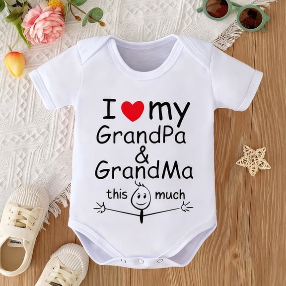 I Love My Grandpa & Grandma Baby Bodysuit,White Heart & Family Figure Print Romper, Snap Closure Onesie, Sentimental Newborn Gift for Grandparents & Mothers Day