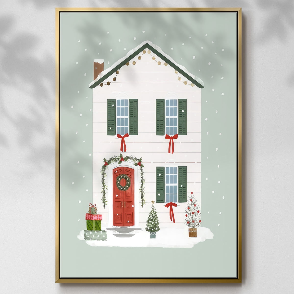 Festive Front Door III - Framed Gallery Wrapped Holiday Canvas - 17 x 25 - Gold Frame