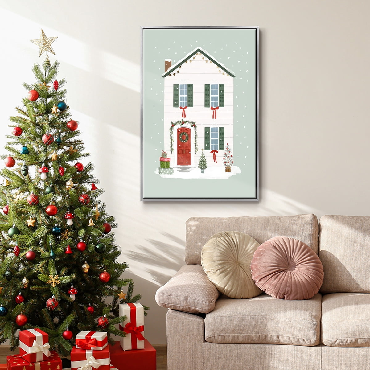 Festive Front Door III - Framed Gallery Wrapped Holiday Canvas - 25 x 37 - Silver Frame