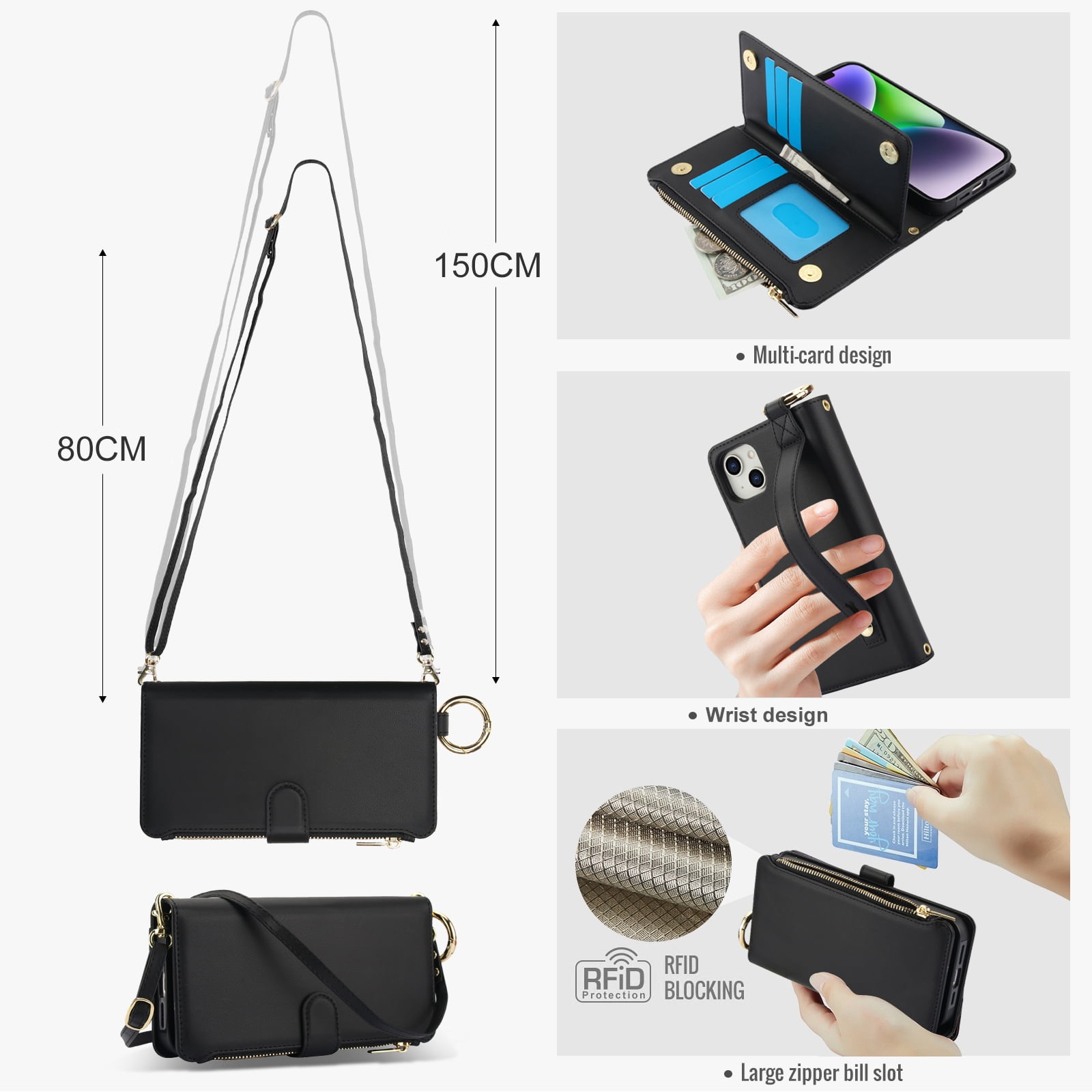 ELEHOLD For iPhone 13 Phone Case Leather Crossbody Zipper Card Wallet Flip Case Kickstand Cover, with Ring Holder,Full Body Protection-Black