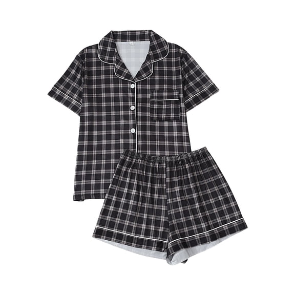 DHFJKG Womens Pajama Sets Short Sleeve Shirt Shorts Set Soft Comfy Sleepwear With Plaid Print Button Down Collared 2 Piece Leisure Home Clothes