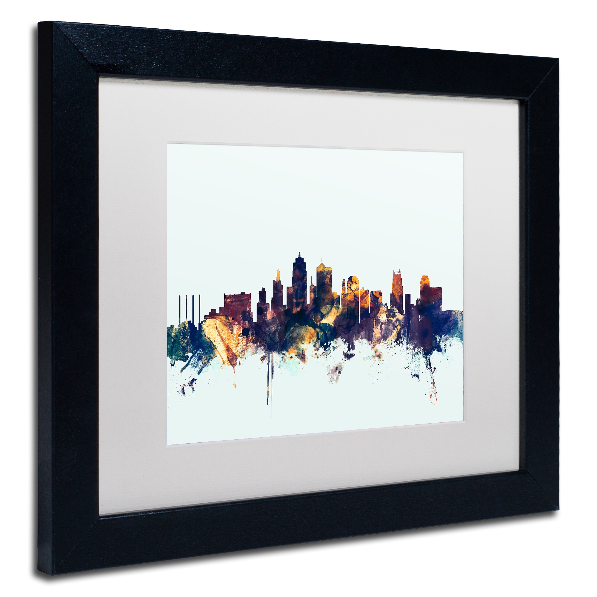 Trademark Fine Art "Kansas City Skyline Blue" Canvas Art by Michael Tompsett, White Matte, Black Frame