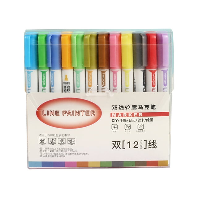 Yeacher 12 Colors Double Line Coloring Markers Outline Paint Pens 2.0mm Tip DIY Scrapbooking for