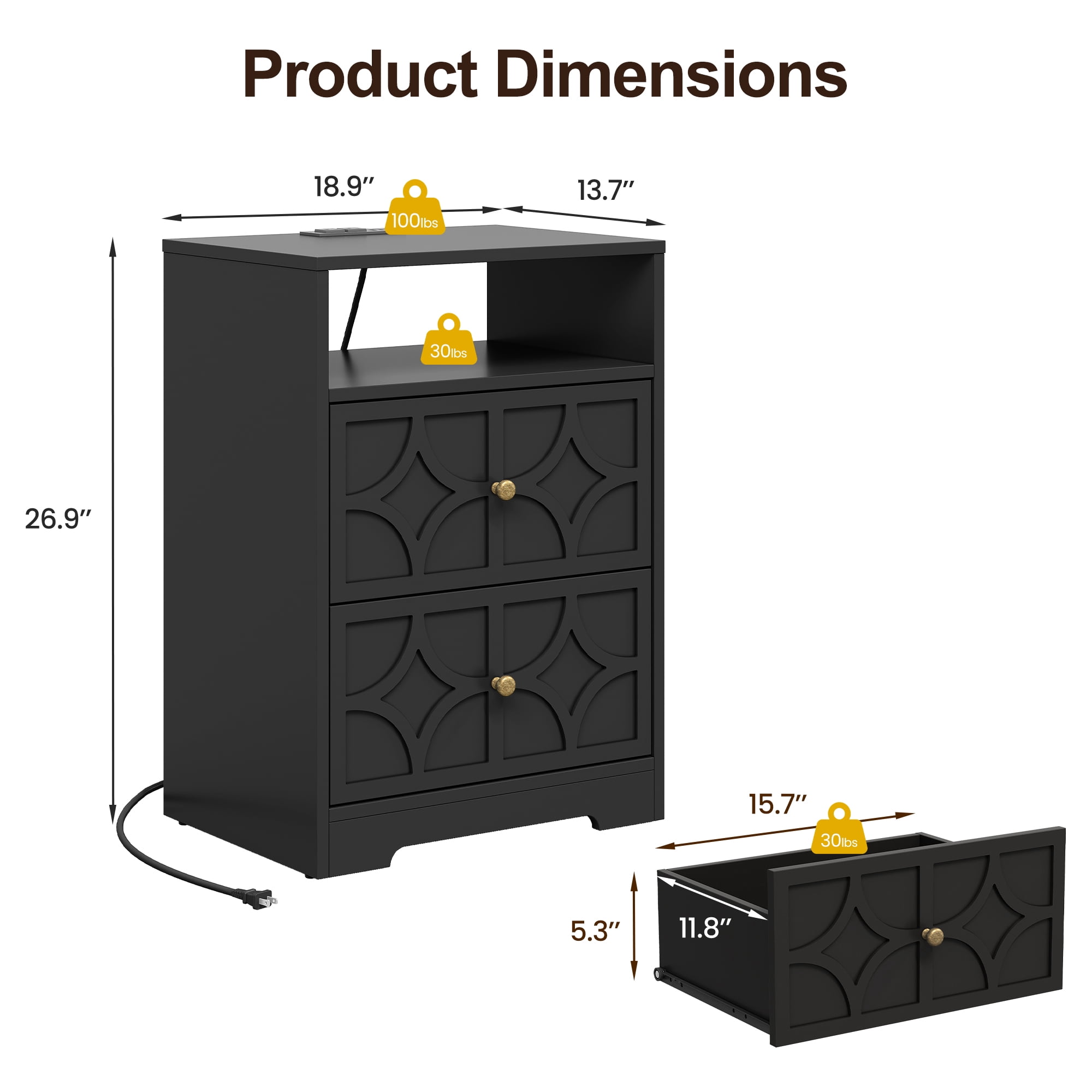 Cozy Home 2-Drawer Nightstand with Charging Station, Modern Side Table with Diamond Carvings and Gold Knobs, Ideal for Living Room, Bedroom, Entryway, Black, Set of 2